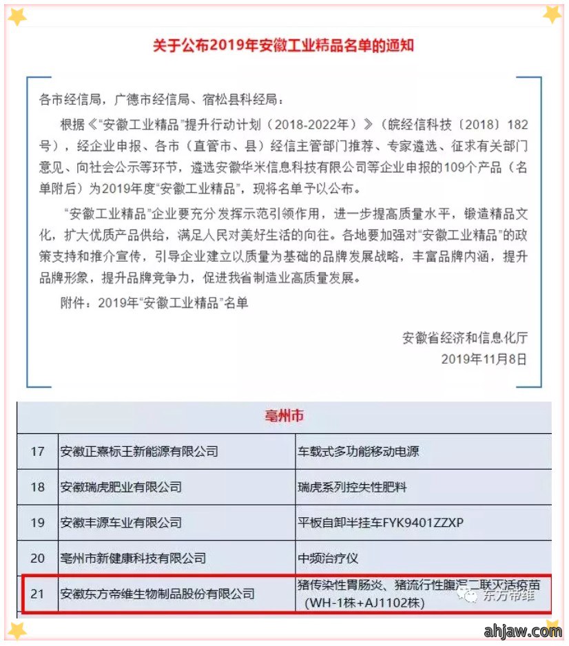 【喜报】东方帝维产品“东方福”入选2019年“安徽工业精品”